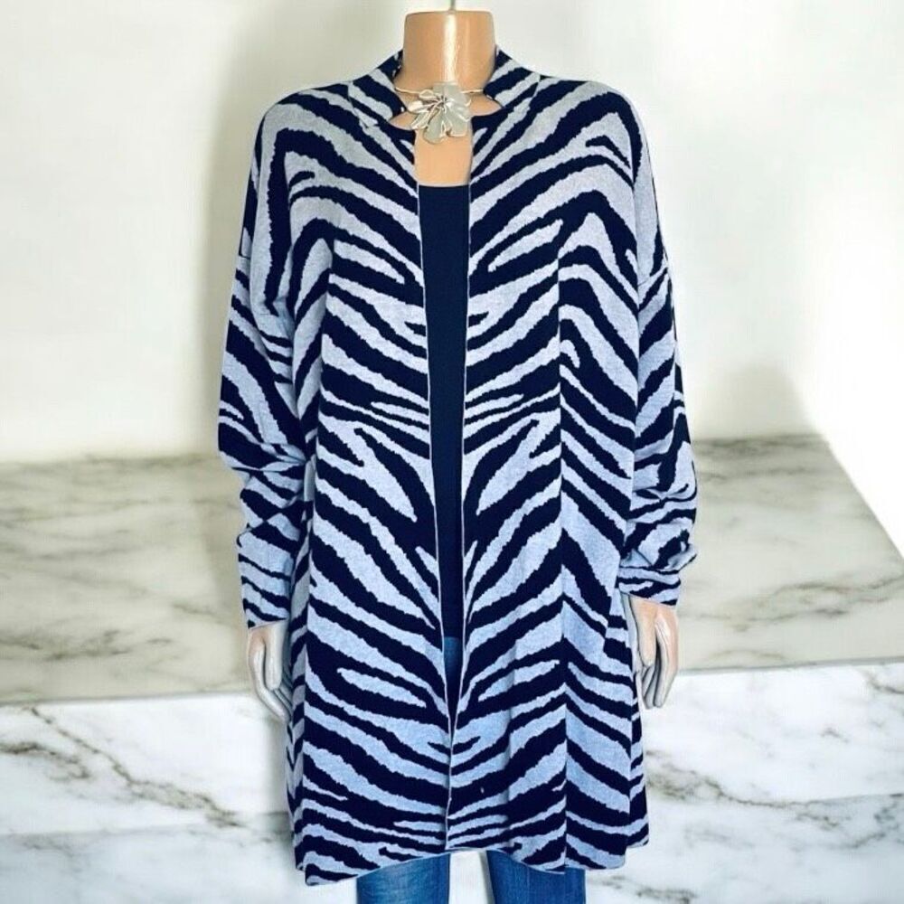 NWT 89th Madison 2X Grey Black Long Soft  Zebra Print Coatigan Cardigan Sweater